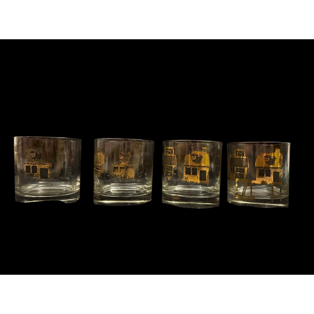 Vintage Couroc Monterey Fish Market Pier Gold Low Ball Glass Set 4 Barware